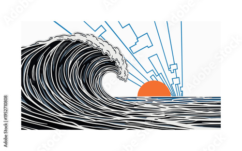 Black and white dramatic ocean swell rising toward the viewer, bright orange semicircle low on the horizon and blue concentric lines expanding upward into the