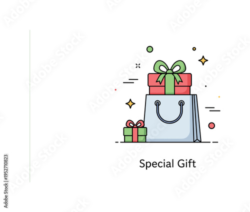 Shopping spree gift buying scene with a simple shopping bag containing a neatly wrapped present topped with a bow, expressing celebration and thoughtful