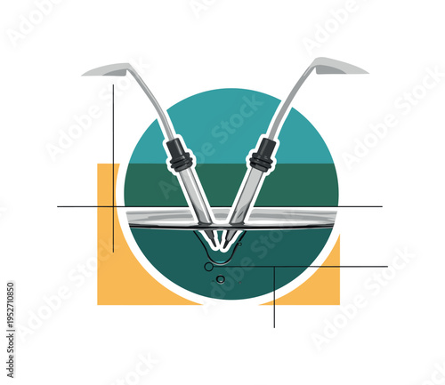 Monochrome close-up of electrochemical setup with simple electrodes dipping into solution, white outline creating sticker effect, large teal abstract circle