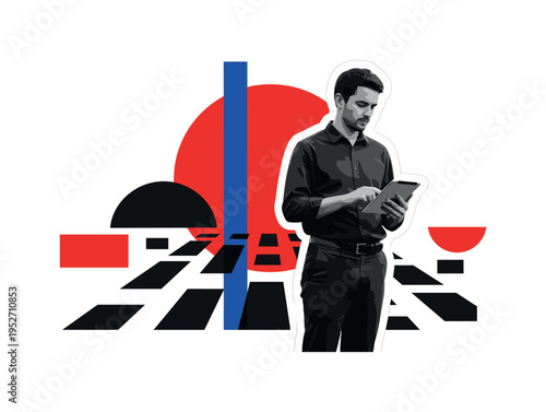 Black and white agronomist standing in a field holding a tablet, oversized red geometric circle behind like a bold rising sun, cobalt blue vertical line