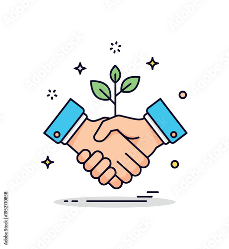 Friendship growth symbol two hands clasped in a supportive gesture with a tiny plant sprouting between them, representing nurturing bonds and long term