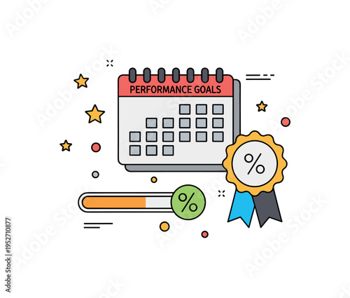 Monthly performance goals overview featuring a simple calendar paired with a progress bar and percentage icon, symbolizing consistent tracking and