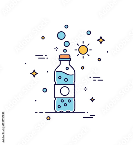 Effervescent drink lifestyle badge centered on a sparkling water bottle surrounded by rising bubbles and a subtle sun accent, expressing vitality, freshness,