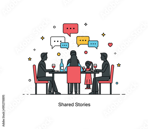 Having dinner with family conversation moment illustrated by minimal seated silhouettes around a table with subtle speech bubble icons above, symbolizing