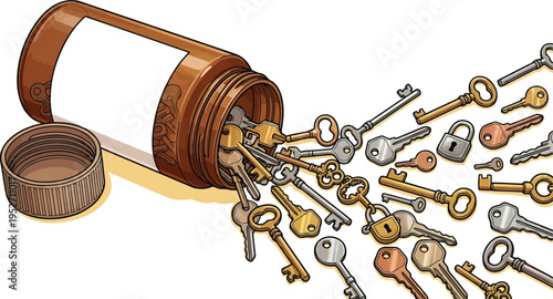 An illustration of a jar filled with many colorful keys spilling out