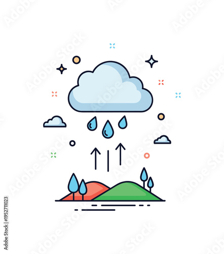 Rain cycle concept cloud releasing droplets over a small landscape with evaporation arrows rising back toward the sky, illustrating the water cycle and