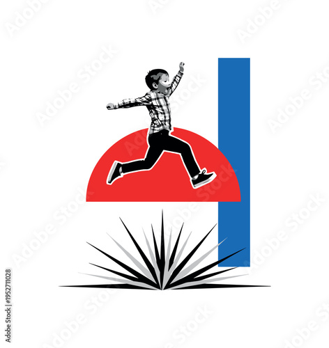 Black and white child mid-air leap captured dramatically, exaggerated splash forming geometric radial lines, bold red semicircle behind the child intensifying