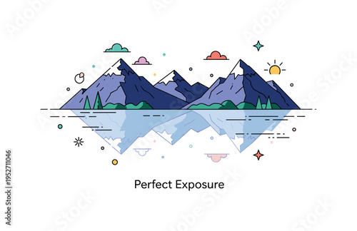 HDR photography alpine lake reflection illustration with mirrored mountain shapes and intensified sky tones, symbolizing clarity and expanded tonal range in