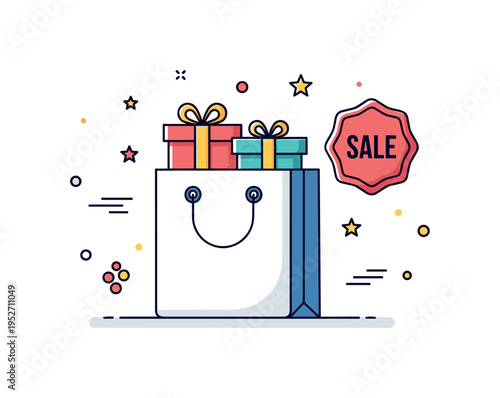 Gift shopping season with a stylish shopping bag revealing a neatly wrapped present inside symbolizing preparation and festive retail excitement. A small badge