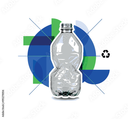 Black and white realistic used plastic water bottle with slight dents and crumpled texture as the central object, cut-out effect with subtle white outline,