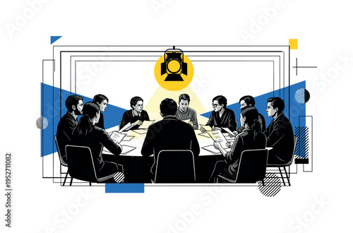 Black and white rehearsal table read with multiple actors seated around scripts, bright yellow circle centered above like a symbolic stage light, abstract