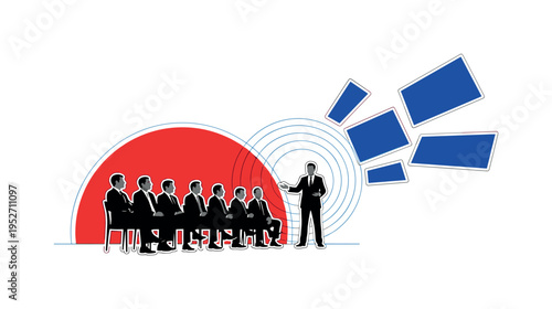 Monochrome scene of a seated panel of investors in black-and-white silhouettes facing a standing presenter, large flat red semicircle partially cropped behind