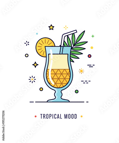 Pina colada tropical cocktail icon featuring a classic curved glass filled with creamy drink, a pineapple slice and palm leaf creating a relaxed beach mood. A