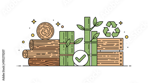 Sustainable materials trend theme showing stacked wood, bamboo, and recycled panel icons arranged in a clean geometric layout with a subtle green checkmark,