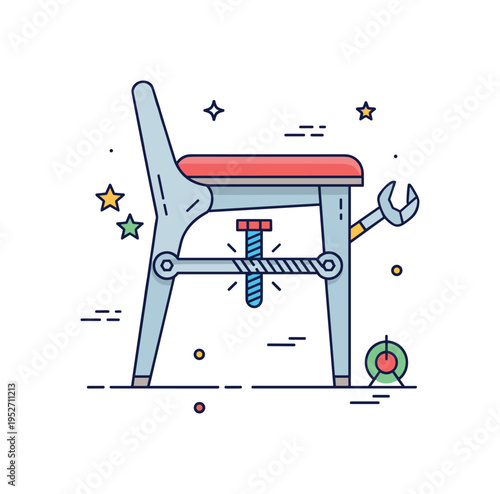 Furniture assembly detail represented by a chair leg connected to a seat corner with visible screw joint, symbolizing construction and structural integrity.