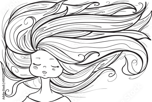 cute girl with long hair blowing in the wind graphic vector illustration black and white