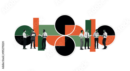 Black and white group of professionals in discussion arranged symmetrically, bold geometric circles and semicircles linking them like shared goals, abstract
