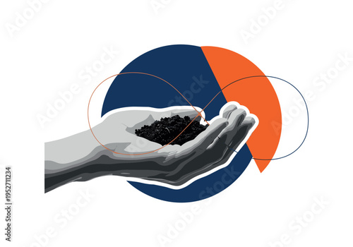 Black and white realistic human hand showing thumbs up as the main object, retro photographic texture, cut-out effect with white outline, layered over bold