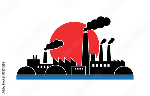 Black and white factory skyline with smokestacks emitting graphic geometric smoke shapes, bold red circle behind the tallest stack, blue horizontal line