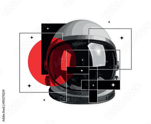 Close-up monochrome astronaut helmet with reflective visor, layered with a large red semicircle and intersecting rectangular geometric blocks, subtle abstract