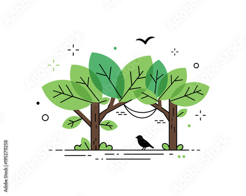 Tropical rainforest canopy illustrated with overlapping leaf shapes and a small bird silhouette, expressing lush biodiversity, growth, and ecological richness.