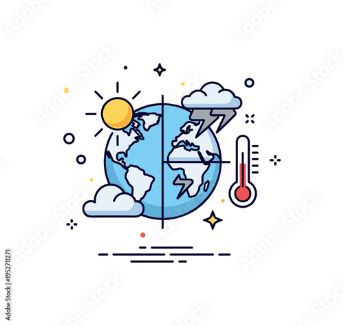 Climate variability symbol globe divided into sunny and stormy halves with subtle temperature gauge accent, representing fluctuating atmospheric conditions and