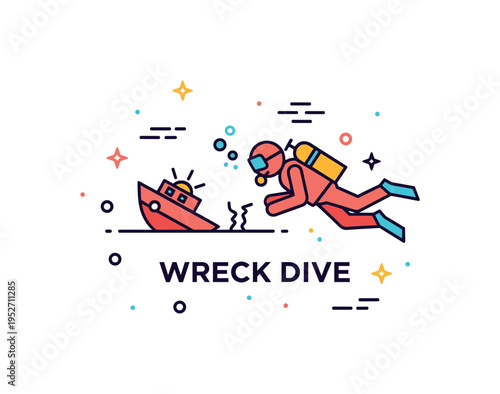Scuba diving shipwreck exploration badge with a simplified diver silhouette approaching a small sunken boat icon, representing mystery and adventure in a