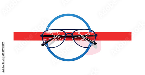 Black and white aviator-style glasses floating centrally, bright blue circular frame enclosing lenses, red horizontal bar slicing across composition for bold