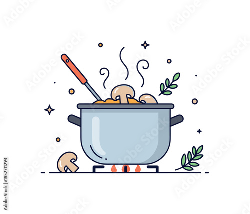 Simmering mushroom soup on the stove featuring a rounded pot with gentle steam curls and herb sprigs nearby, highlighting the slow cooking process and rich