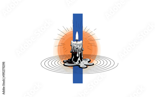 Black and white candle with melting wax captured mid-drip, large orange circle behind as gentle sunset glow, blue vertical rectangle slicing composition
