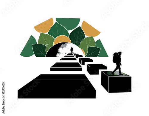 Black and white traveler silhouette walking along a path made of bold geometric blocks, abstract leaf semicircles framing the upper composition, strong
