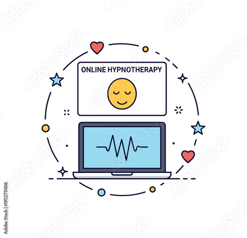 Online hypnotherapy session concept illustrated by a laptop screen showing a calm face icon with gentle wave lines, expressing remote therapeutic guidance.