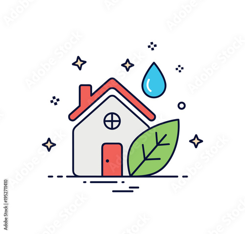 Sustainable landowner practice property silhouette combined with a leaf and small water droplet accent. A positive concept badge expressing eco conscious land