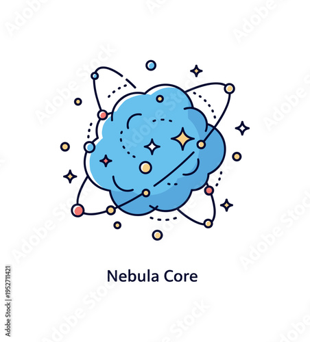 Interstellar clouds planetary nebula focus with a compact circular cloud form surrounded by small orbiting star icons, expressing transformation and cosmic