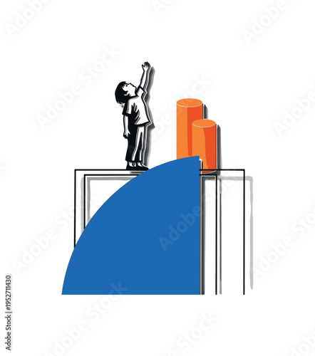 Black and white child reaching toward window light streaming through frame, large cobalt blue sun disc behind the window grid, bright orange geometric stripe