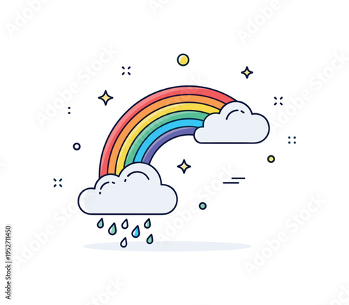 Rainbow after rain concept showing a bright curved rainbow rising from a small cloud cluster with tiny droplet accents, symbolizing renewal and hope. The