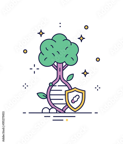 Habitat restoration concept with a tree growing from a DNA base symbolizing regeneration and protection of genetic resources. Subtle sparkle accents convey