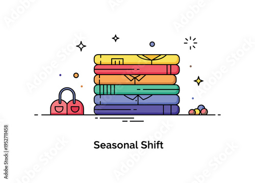 Seasonal fashion collections capsule wardrobe concept displayed as a compact set of coordinated clothing icons arranged in a balanced grid,