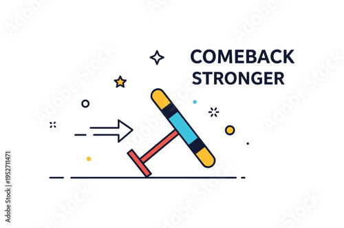 Athletic comeback story illustrated through a small fallen hurdle repositioned upright with a subtle motion arrow, symbolizing discipline, perseverance, and