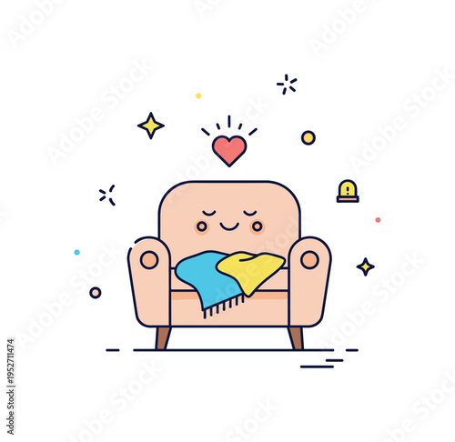 Pajama day at home slow lifestyle concept shown as a soft armchair with a blanket and small heart accent above, expressing comfort and contentment. The