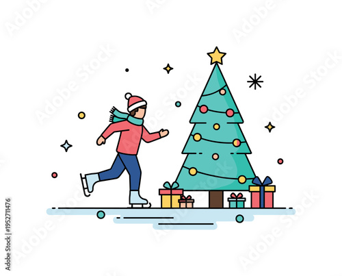 Holiday ice rink celebration featuring a skater near a decorated tree icon with subtle gift accents, expressing festive spirit and joyful movement. A lively