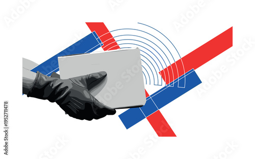 A monochrome close-up of gloved hands carrying a box, abstract semicircles radiating outward to symbolize movement, flat rectangular color blocks intersecting