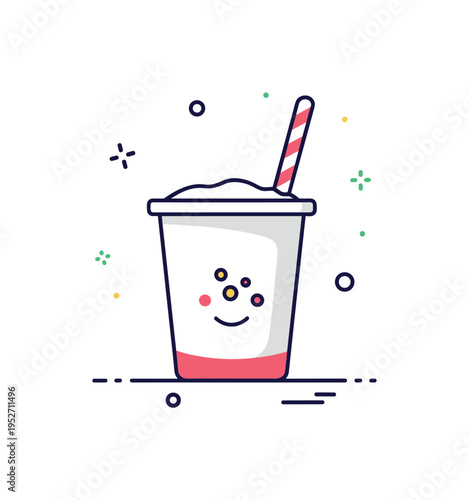 Gut health nutrition yogurt cup icon with small probiotic dots and a subtle smile accent. A concise editorial scene about digestive balance and preventive
