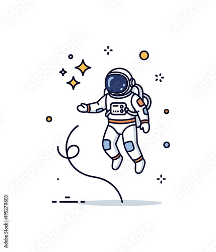 Astronaut in open space floating beside a small star cluster and tether line, conveying exploration, bravery, and human ambition beyond Earth. A compact visual