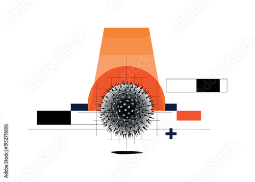 Black and white spherical bacteria cell with fine surface spikes, bright orange semicircle rising behind like a laboratory spotlight, intersecting thin grid