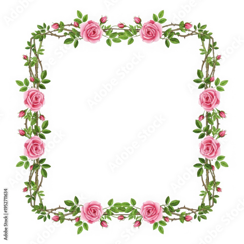 A square floral frame with pink roses and green leaves on a white background isolated on transparent background