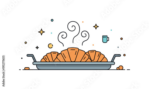 Freshly baked croissants tray simple metal tray holding warm pastries with gentle steam curls above, expressing just out of the oven appeal. A bright editorial