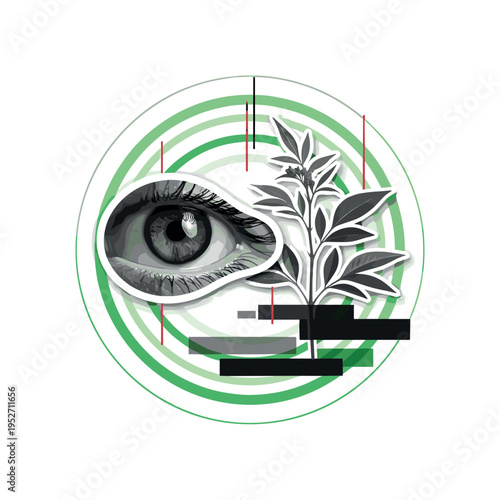 Black and white image of a human eye observing a plant, surrounded by concentric green circles symbolizing surveillance and early detection, thin red vertical