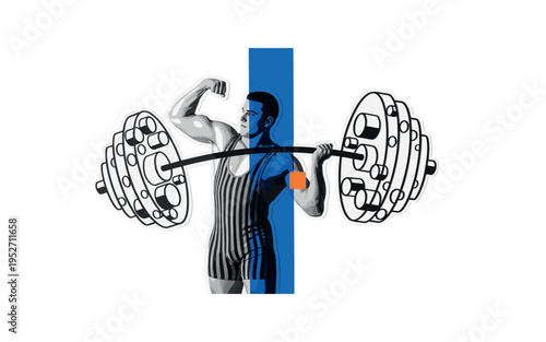 black and white strongman in classic striped singlet holding abstract geometric barbell made of circles and cylinders, bold blue vertical bar