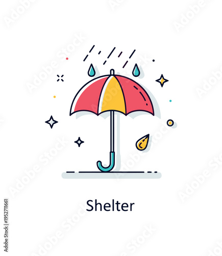 Umbrella in the rain with angled droplet lines symbolizing resilience and preparedness during unpredictable conditions. A short word Shelter reinforces
